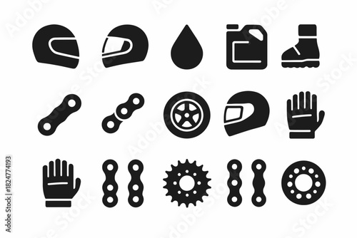 Set of motorcycle gear and parts icons: helmets, boots, chains, wheels, gloves
