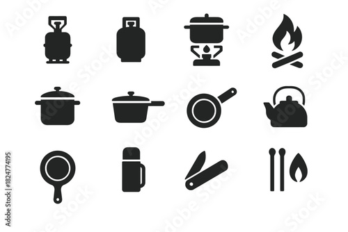 Camping cooking icons: stoves, pots, pans, kettle, fire, matches