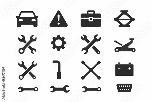 Set of black car repair and maintenance icons on white background