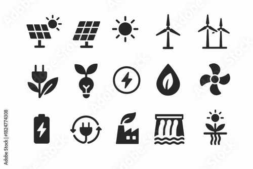Renewable energy icons: solar, wind, hydropower, sustainability symbols