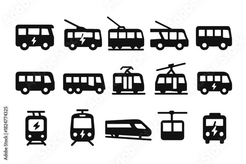 Set of black public transportation icons featuring buses trains trolleys and cable cars