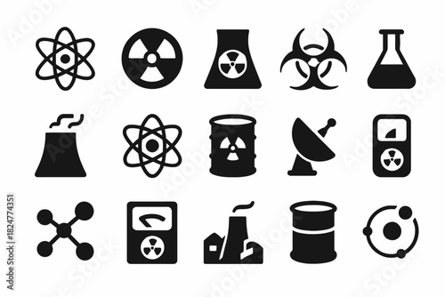 Nuclear energy symbols: reactor, radiation, biohazard, chemistry