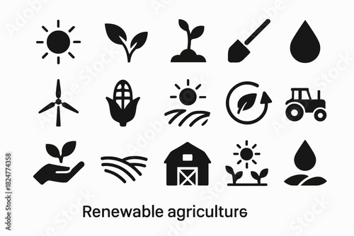 Renewable agriculture icons: farming, sustainability, wind, solar, growth