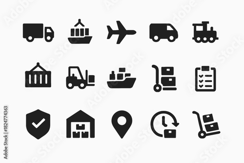 Logistics and transportation icons set: truck, ship, plane, forklift, warehouse, delivery