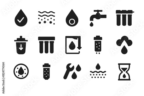 Water filtration icons set: droplet, tap, filter, purification symbols in black