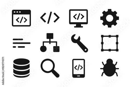 Web development icons: code, gear, wrench, bug, database, responsive design