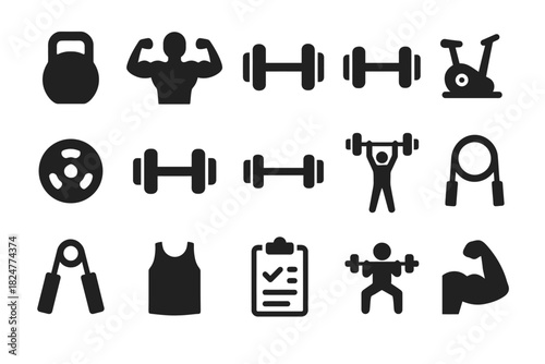 Fitness icon set featuring weights, equipment, and exercise silhouettes
