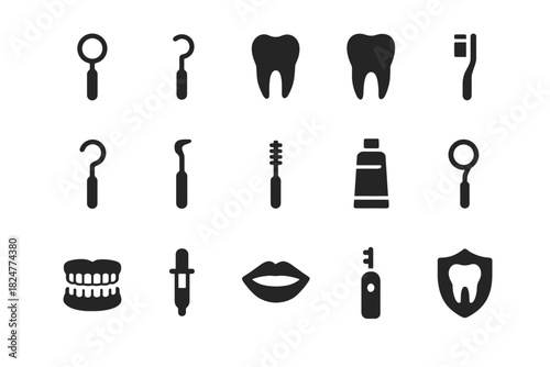 Dental care icons: toothbrush, toothpaste, floss, mouthwash, dental tools collection