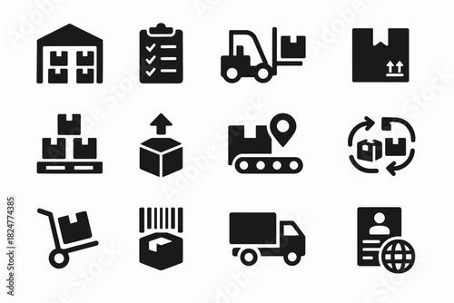 Warehouse and logistics icons: storage, transportation, and inventory management graphics