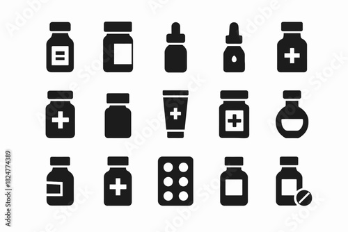 Set of medical icons: bottles, droppers, tubes, pills representing medications and health
