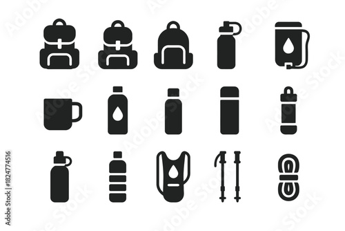 Outdoor icons: backpacks, water bottles, and hiking gear silhouettes