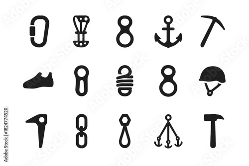 Set of climbing and nautical gear icons in black silhouette style