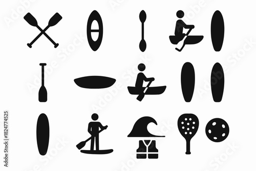 Canoe and paddle icons set: kayaking and paddleboarding graphics