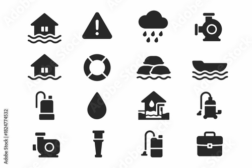 Flood protection icons set: warning signs, pumps, rain, lifebuoy, sandbags