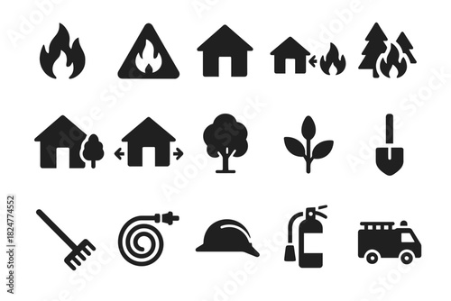 Fire safety icons collection: prevention, equipment, and nature symbols