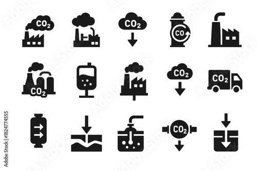 Carbon capture and storage icons: industrial solutions for co2 reduction