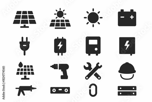Solar energy icons: panels, battery, tools, and electric symbols