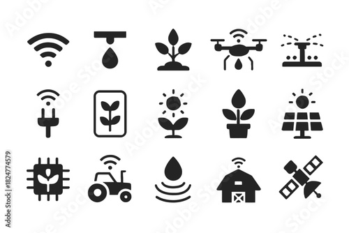 Smart farming icons: technology, agriculture, drone, irrigation, and solar solutions