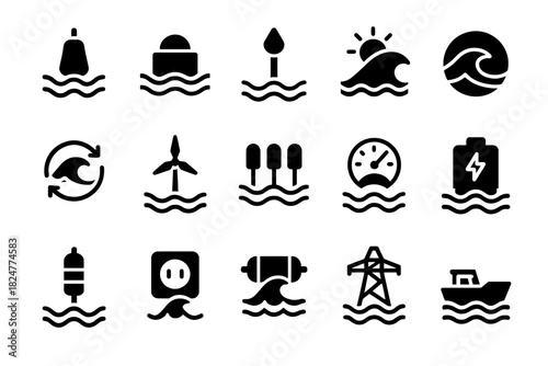 Icons depicting various renewable marine energy sources and ocean technologies