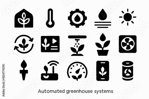 Automated greenhouse systems icons representing smart farming technology