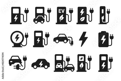Electric vehicle charging icons: ev, car, battery, charging stations, plug symbols