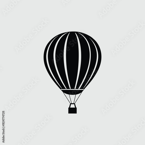 A simple black and white illustration of a hot air balloon against a plain grey background.