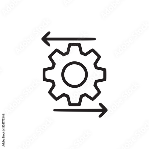 A simple line drawing of a gear with arrows pointing left and right on a plain white background