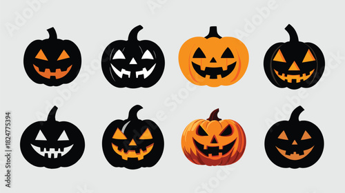 A collection of eight carved Halloween pumpkins, some black and some orange, with spooky faces.