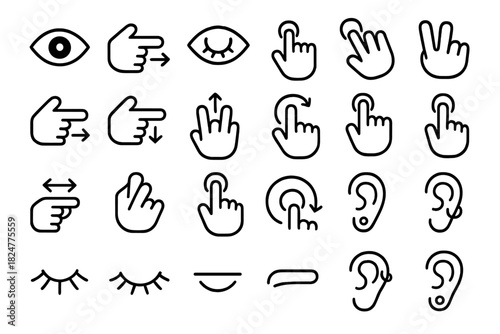 Comprehensive set of outline icons featuring hand gestures and sensory body parts