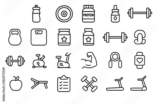 Minimalist line icons set for fitness, gym, workout, and healthy nutrition