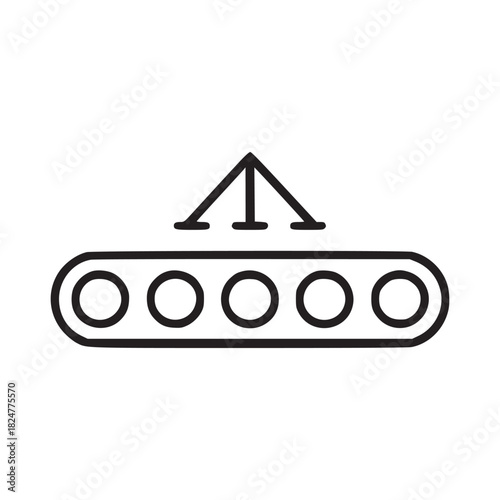 A simple line drawing of a conveyor belt with circles and a triangle above it on a white background