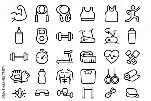 Minimalist line symbols representing fitness, gym, and workout equipment for health apps