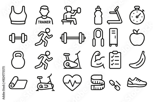 Outline icons set of gym equipment, fitness activities, and healthy lifestyle symbols