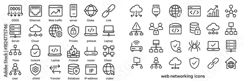 Minimal line icons set for internet technology, network security, and cloud services