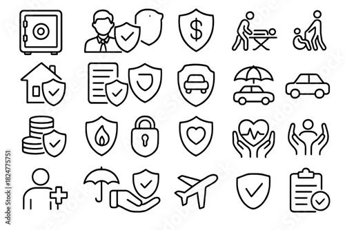 Outline symbols for various types of insurance, protection, safety, and financial security