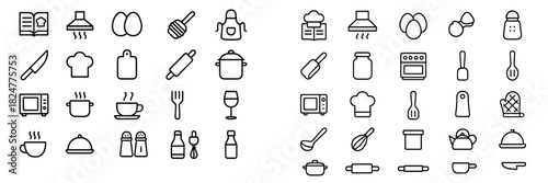 Outline symbols of kitchen utensils, cooking equipment, and food preparation tools