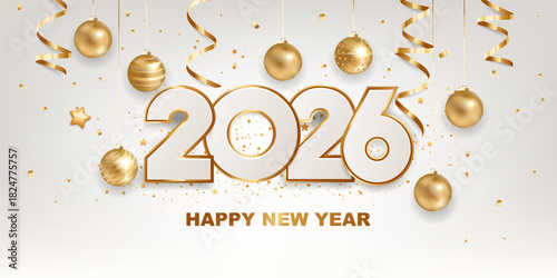 Happy new year 2026. White paper numbers with golden Christmas decoration and confetti on white background. Holiday greeting card design.