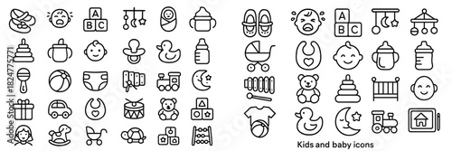 Outline icons set of baby care, feeding, sleeping, and childhood development items