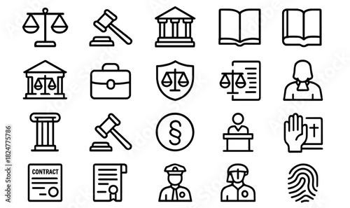 Comprehensive set of outline icons representing law, justice, legal proceedings, and court symbols