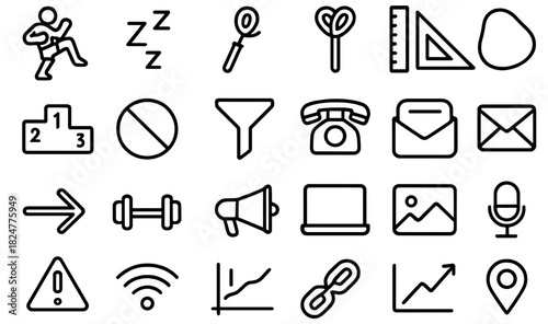 Simple black line symbols for business, communication, fitness, and technology