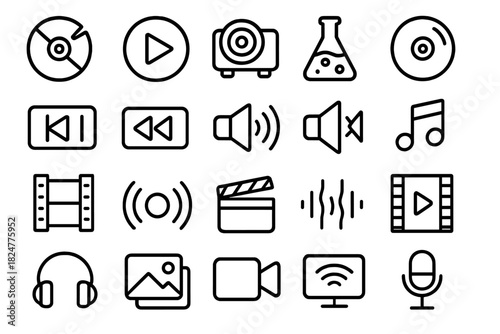 Essential collection of media player controls and entertainment technology icons set