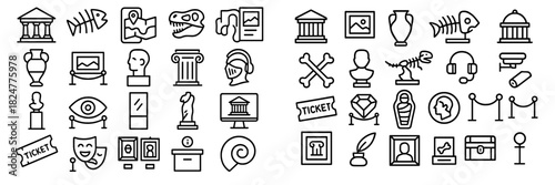 Outline icons collection of museum artifacts, exhibition gallery items, and visitor services