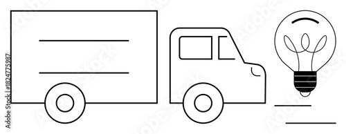 Minimalist delivery truck and light bulb evoke themes of logistics, innovation, transportation, efficiency, technology, problem-solving, and growth. Ideal for business, strategy scalable concepts