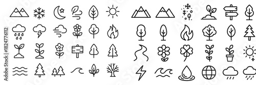 Outline icons set of nature, weather, mountains, trees, sun, rain, cloud, and environmental elements