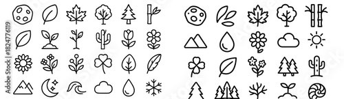 Set of outline icons representing natural elements plants weather and landscape features
