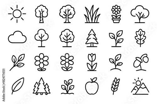 Minimalist line symbols representing various natural elements and environmental concepts