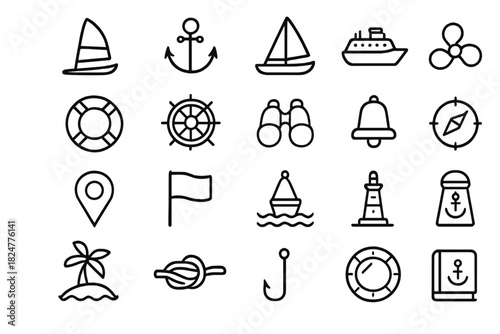 Outline style marine objects featuring anchor, sailboat, lighthouse, and lifebuoy