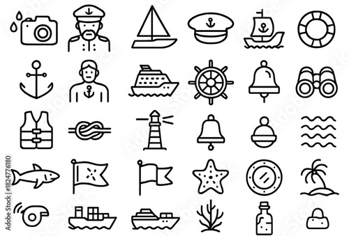 Outline symbols for maritime navigation, ocean adventure, and nautical sailing activities