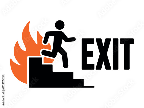 A person runs down stairs away from flames towards an exit sign during an emergency.