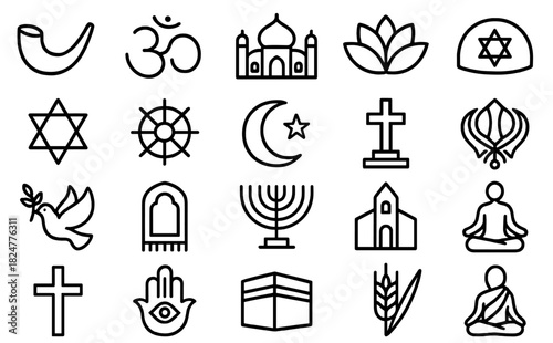Major world religion and spirituality symbols set in minimalist line art style